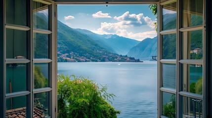 Window view to Lake Como in Italy : Generative AI