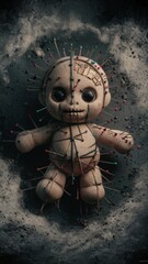 Voodoo doll with a lot of needles on a dark background.Halloween Concept