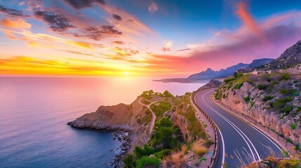 Canvas Print - highway landscape at colorful sunset road view on mediterranean coast of spain coastal road landscape beautiful nature scenery car driving on mountain road by the sea summer vacation o : Generative AI