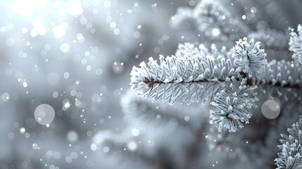Aufkleber - Minimalist Monochromatic Christmas Evergreen Branch with Frozen Glittering Crystals