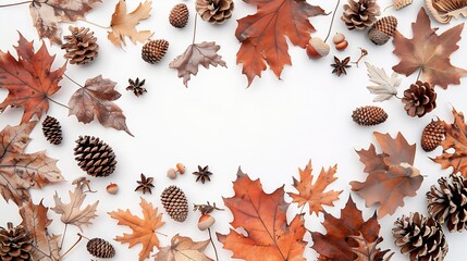 Poster - Autumn composition Frame made of autumn leaves acorn pine cones on white background Flat lay top view copy space : Generative AI