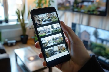 a mobile phone app displaying live footage from a home security cameras held by a person hand illust