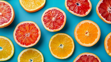 Aufkleber - Colorful fruit pattern of fresh orange and grapefruit slices on blue background From top view : Generative AI