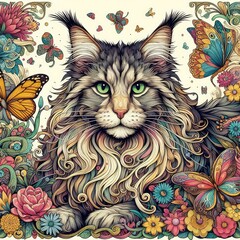 Wall Mural - A cat with flowers and butterflies photo attractive lively card design illustrator.