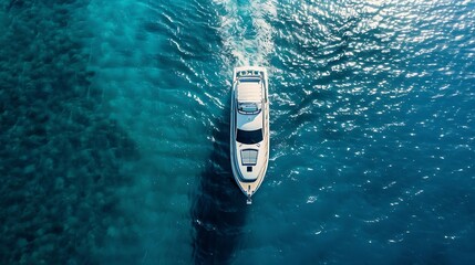 Wall Mural - Yacht on the water surface from top view Turquoise water background from top view Summer seascape from air Travel concept and idea : Generative AI