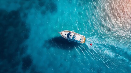 Poster - Aerial view of the speed boat in clear blue water at sunset in summer Top view from drone of fast floating yacht in mediterranean sea Travel in Oludeniz Turkey Tropical landscape with  : Generative AI