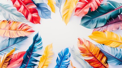 Aufkleber - Creative layout made of colorful tropical leaves on white background Minimal summer exotic concept with copy space Border arrangement : Generative AI