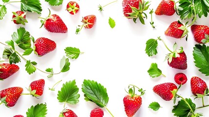 Aufkleber - Fresh strawberry fruits and leaves composition and creative border on white background Healthy eating and food concept Spring fruit and berry arrangement Top view flat lay copy space : Generative AI