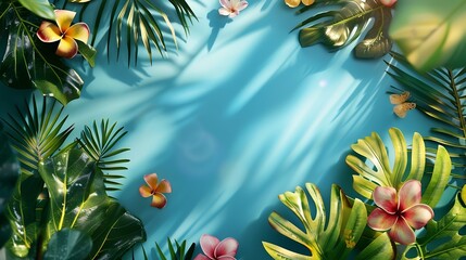 Aufkleber - Creative nature layout made of tropical leaves and flowers on sky blue background Flat lay Summer concept : Generative AI
