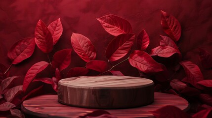 Poster - Wooden podium with autumn red leaves minimal aesthetic background for product presentation : Generative AI