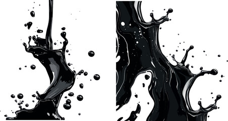 Aufkleber - Black liquid splashes, swirl and waves with scatter drops. Paint, oil or ink splashing dynamic motion, design element