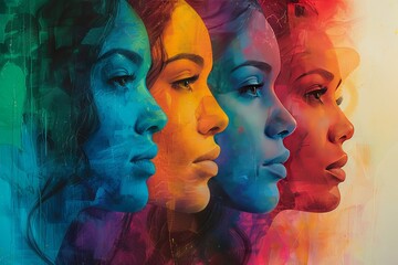 Wall Mural - A vibrant and abstract illustration of diverse women's faces in profile, each with unique colors and patterns, representing the diversity