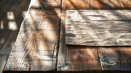Poster - Stylish and Versatile Rustic chic Use This Wooden Table and Napkin for Any Marketing Material Wrinkled tablecloth front view mockup perspective Sunny day background : Generative AI