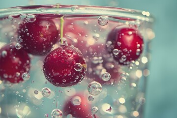 Poster - Closeup of ripe cherries with bubbles in a glass of sparkling water on a blue background