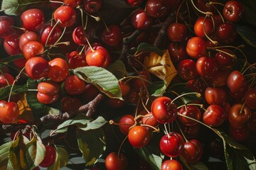 Poster - Ripe red cherries hanging on branches with lush green leaves in sunlight