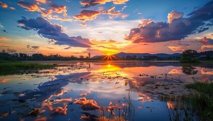 Wall Mural - Beautiful sunset sky with reflection in the lake at rural area