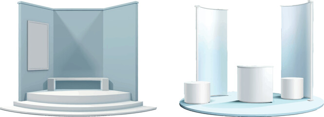Aufkleber - 3d promotional event stand booth white wall mockup. Exhibition room with floor design perspective front and side view isolated set. Blank corner display showroom with podium for kiosk or fair area