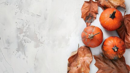 Poster - Autumn composition Pumpkins dried leaves on pastel gray background Autumn fall halloween concept Flat lay top view copy space : Generative AI
