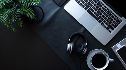 Aufkleber - Laptop headphone stationery and coffee cup on black leather Flat lay and top view : Generative AI