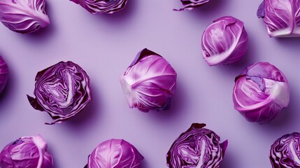 Creative layout made of red cabbage on purple background Flat lay Food concept Macro  concept : Generative AI