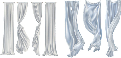 Poster - Realistic set of white curtains hanging. Vector illustration of silk fabric sheets, veil fluttering in wind. Home textile, light drapery, interior design elements