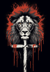 Lion of Judah concept, lion's head in front of a cross, representing Jesus.