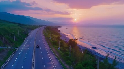 Poster - highway landscape at colorful sunset traveling on the holiday road in summer Nature scenery on ocean beach Road landscape on beach Stunning sea with summer vacation seascape with beaut : Generative AI