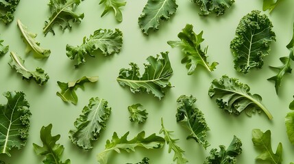 Aufkleber - Creative layout made of kale salad leaves spinach ruccola on green background Flat lay Food concept Macro concept : Generative AI