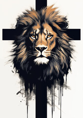 Lion of Judah concept, lion's head in front of a cross, representing Jesus.