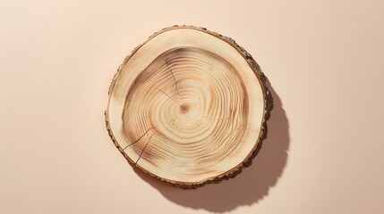 Poster - Natural organic ecofriendly beauty product concept Wooden cross section cut on beige background Showcase for cosmetic products Top view mockup Product advertisement wood slice : Generative AI