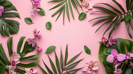 Wall Mural - Summer flowers composition Green tropical leaf and pink flowers on pink background Summer concept Flat lay top view copy space : Generative AI