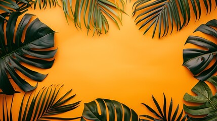 Wall Mural - Summer tropical palm leaves flat lay background with a blank space stylized image : Generative AI