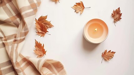 Poster - Autumn cozy composition Cup of coffee plaid candle dried leaves on white background Autumn fall concept Flat lay top view copy space : Generative AI