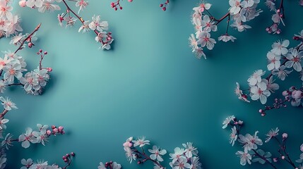 Poster - Beautiful Turquoise blue background with spring cherry blossom branches top view flat lay frame Creative springtime layout banner or template : Generative AI