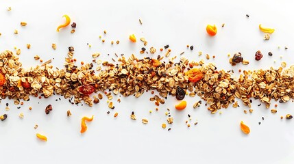 Poster - Creative layout made of granola with dry fruits and curcuma isolated on white backgroundFlat lay Food concept : Generative AI