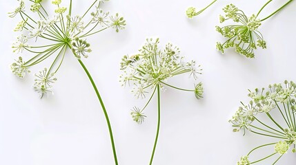 Poster - Flowering umbrella flowers of dill on a white background Top view flat lay Creative layout : Generative AI