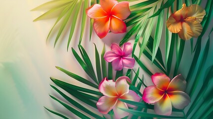 Aufkleber - Creative layout made of tropical palm leaves and colorful flowers Summer concept Flat lay : Generative AI