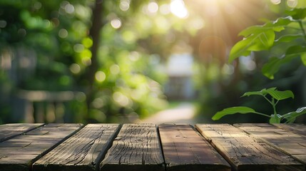 Poster - Empty wood table top on blur abstract green from garden and house in morning backgroundFor montage product display or design key visual layout : Generative AI