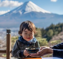 Happy Boy With Bowl, Mount Fuji In The Background