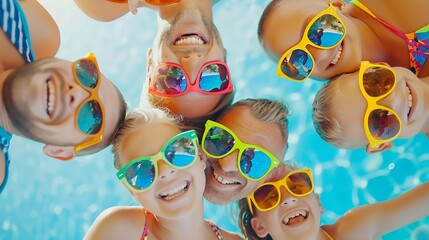 Wall Mural - Happy big family having fun at the pool spending summer vacation together wearing funny colorful sunglasses enjoyment and pleasure concept : Generative AI