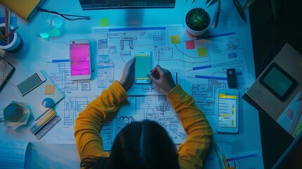 Leinwandbilder - Website designer Creative planning phone app development sketch template layout framework wireframe design User experience concept Overhead view of young woman UX designer web structur : Generative AI