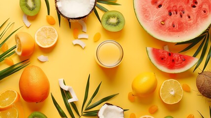 Poster - Creative layout made of summer fruits  Tropical flat lay Food concept Melon coconut watermelon kiwi apricot lemon and orange juice on yellow background : Generative AI