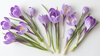 Poster - Crocus spring flowers Lilac crocuses on stem with leaves creative layout isolated on white background Springtime themes Top view flat lay Design element : Generative AI