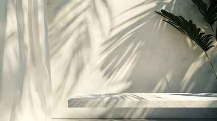 Leinwandbilder - White concrete empty table organic curtain and plant shadow on cement wall Summer exterior scene for product placement mockup Neutral minimal aesthetic : Generative AI