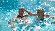 © Generative AI - Retired Senior Couple Relaxing In Swimming Pool On Summer Vacation Splashing Each Other : Generative AI