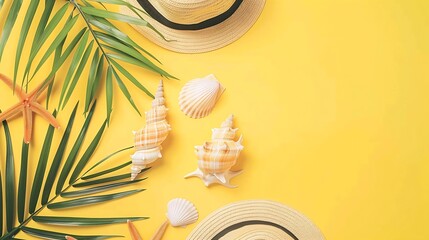 Aufkleber - Summer composition Fruits hat tropical palm leaves seashells on pastel yellow background Summer concept Flat lay top view copy space : Generative AI