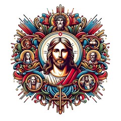 Wall Mural - jesus christ religious imageswork of a man with long hair and a cross image art attractive card design illustrator.