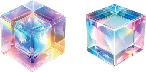 Sticker - Realistic geometric translucent block shape set with purple hologram refraction on different view