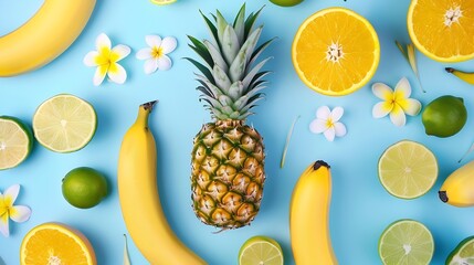 Aufkleber - creative layout made of pineapple banana orange fruit lime and flowers on blue background tropical f