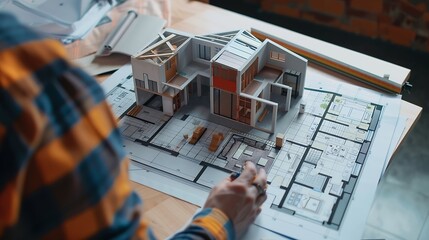 Aufkleber - Buying a house Layout of the premises of the house Finishing work in the cottage Selection of furniture for the cottage A person considers the layout of a house under construction : Generative AI